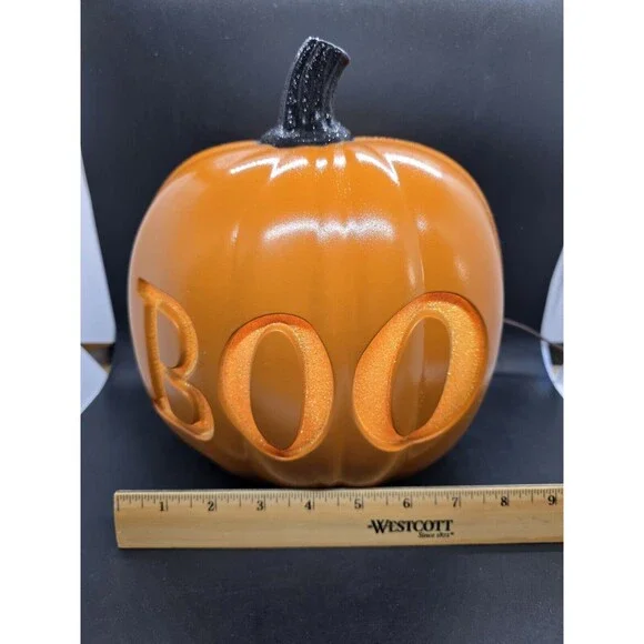 Decorative Boo Halloween Orange Pumpkin (Black glitter stem) Approximately 10" - Picture 4 of 8